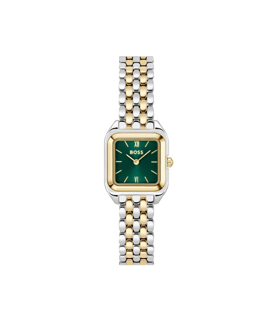 Eine zweifarbige BOSS-Uhr mit einem grünen Zifferblatt und römischen Ziffern.
