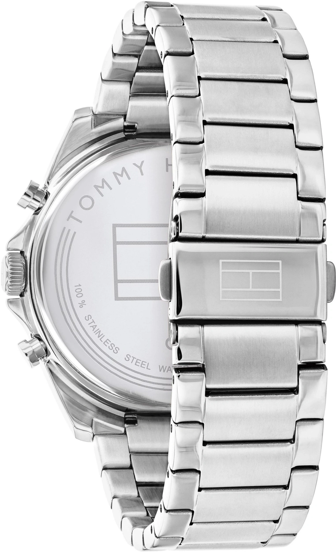 Detailaufnahme eines silbernen Tommy Hilfiger-Armbanduhrverschlusses mit Logo