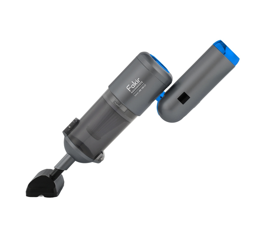 Ein grauer Handstaubsauger mit blauem Akzent und einer Bürste.