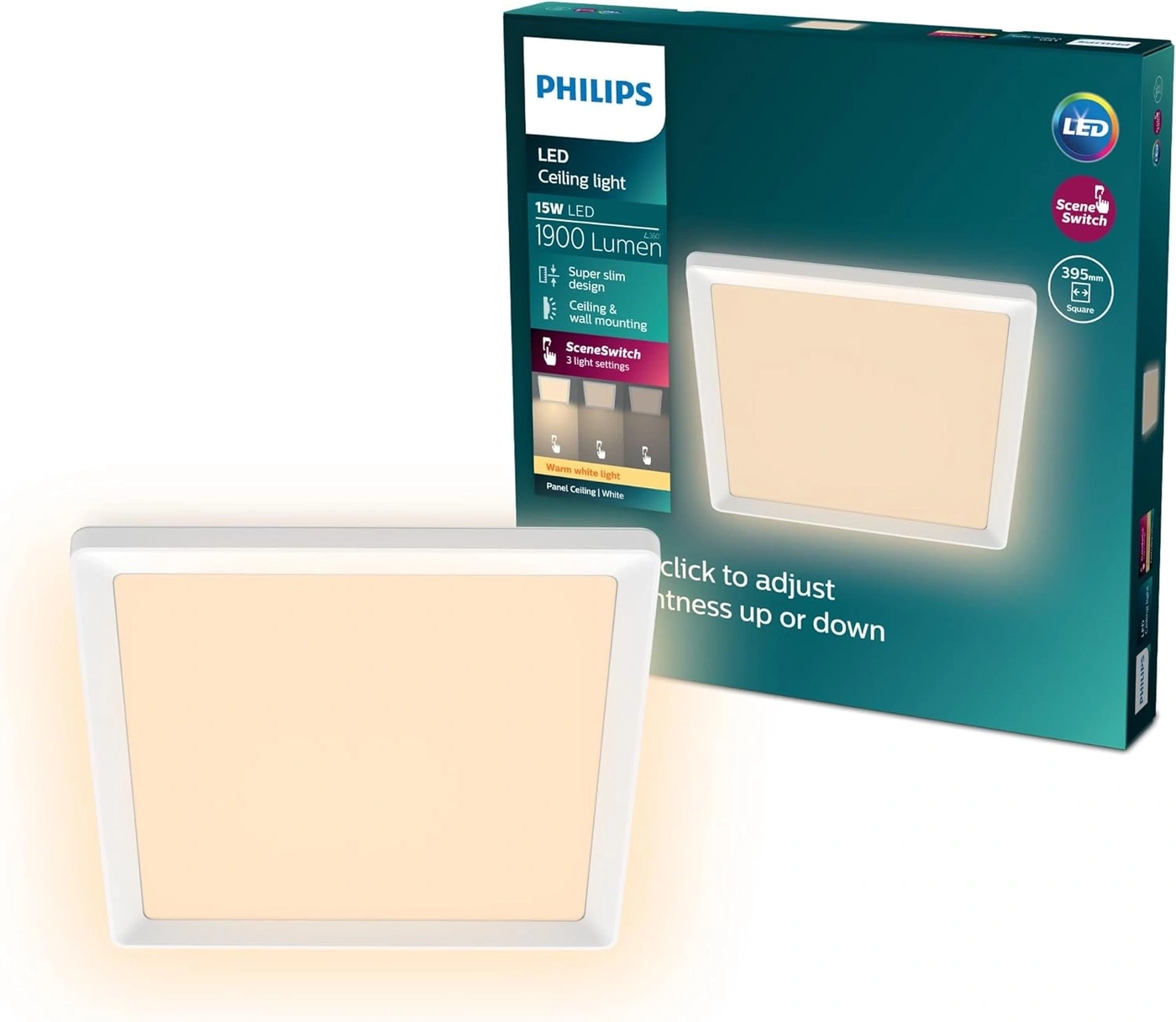 Philips LED Deckenleuchte 15W, 1900 Lumen, quadratisch, dimmbar.