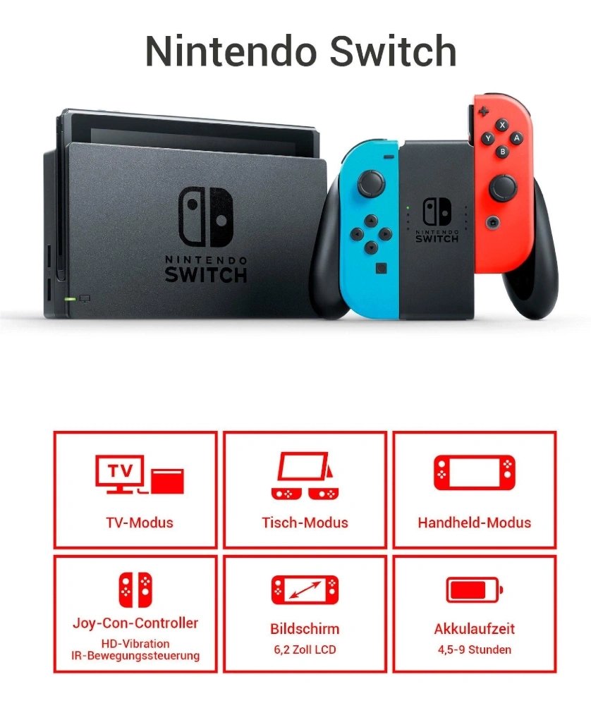 Nintendo Switch Konsole mit verschiedenen Modi wie TV-Modus und Handheld-Modus.