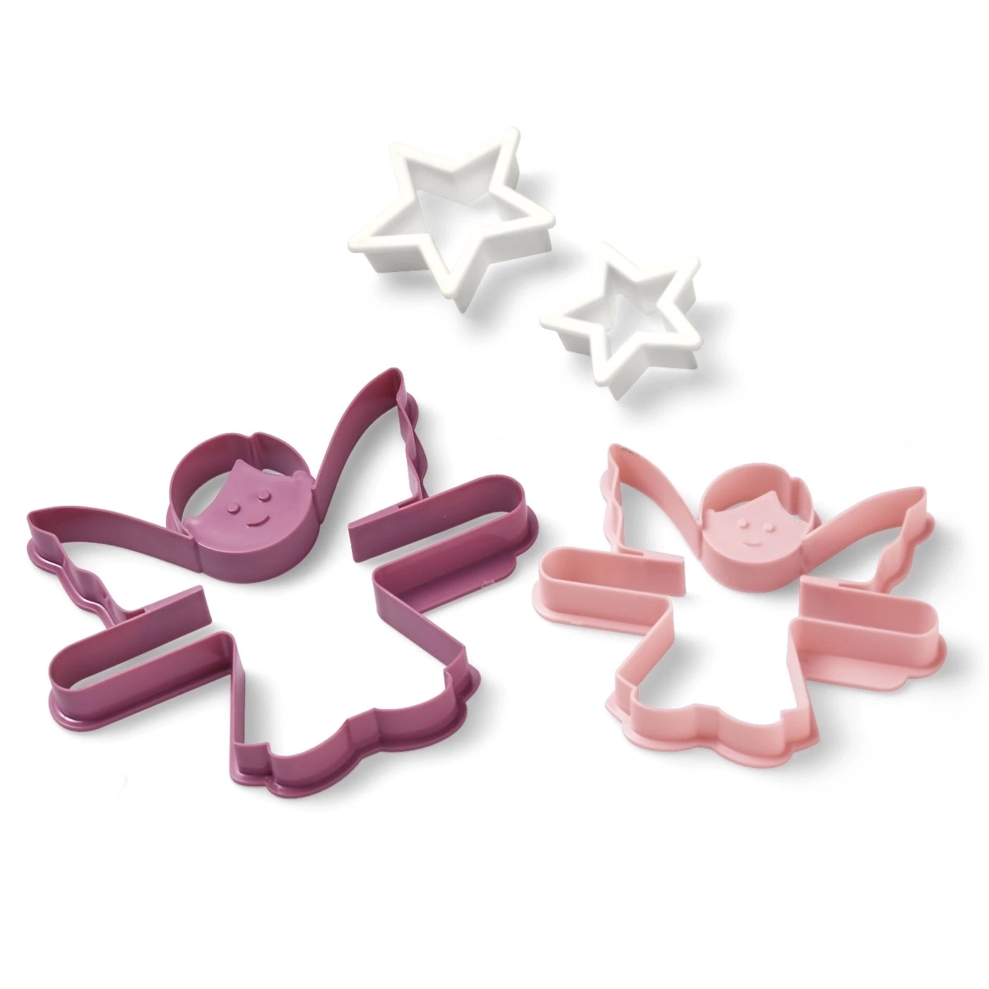 Engel und Sterne Ausstecher. Rosa und lila Formen auf weißem Hintergrund.