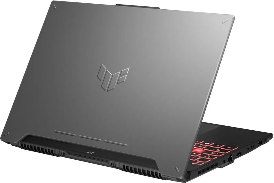 Grauer Laptop mit roter Tastatur, ASUS-Logo, geöffnet, von hinten gesehen