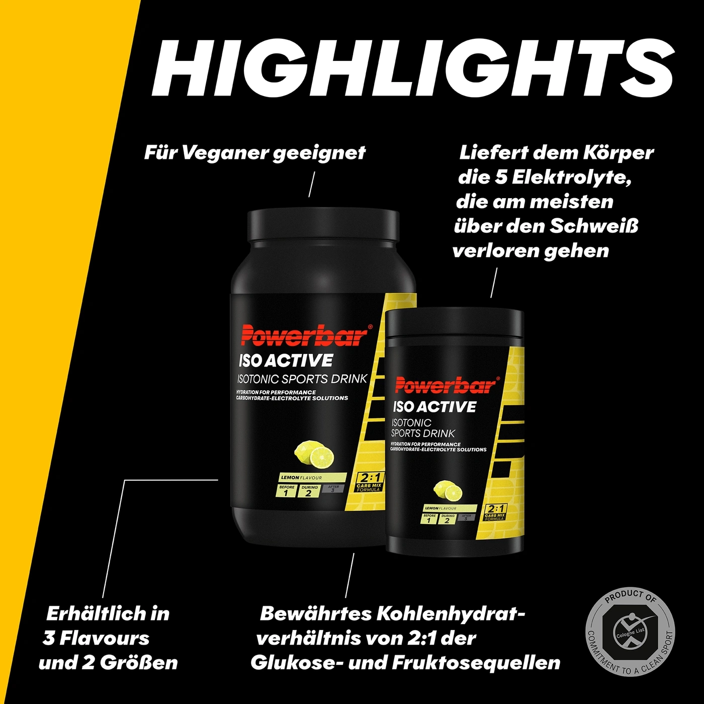 Powerbar Iso Active Sportgetränk in Zitrone, geeignet für Veganer, mit 5 Elektrolyten und 2:1 Kohlenhydratmischung.