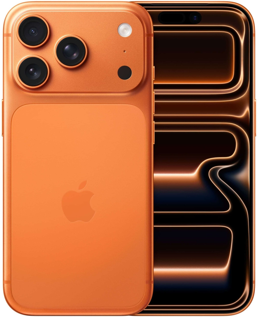 Orangefarbenes Smartphone mit drei Kameras und Apple-Logo auf der Rückseite.