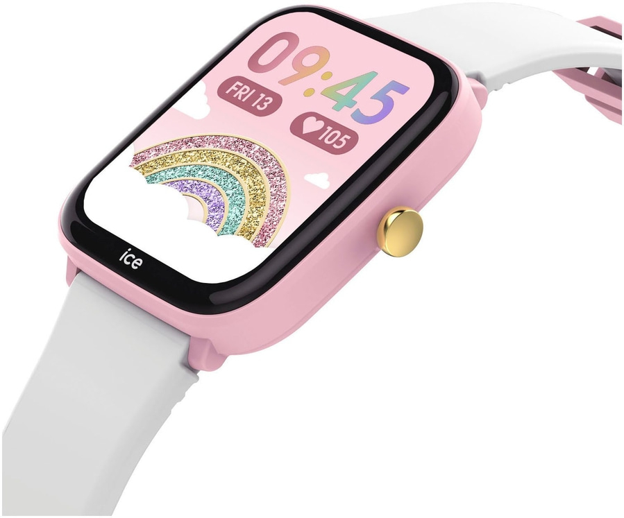Eine rosa Smartwatch mit weißem Armband und einem bunten Regenbogen-Display.