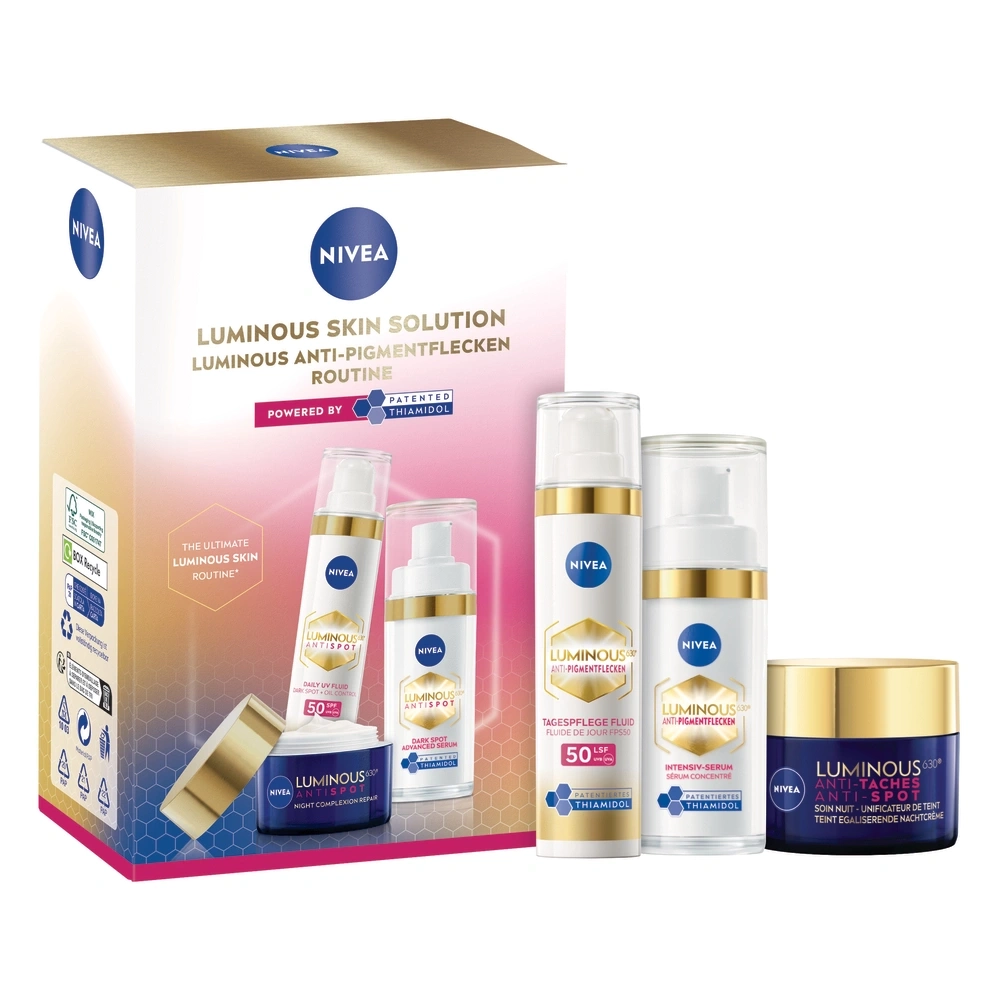 Nivea Luminous Anti-Pigmentflecken Routine Set mit Tagespflege, Serum und Nachtcreme.