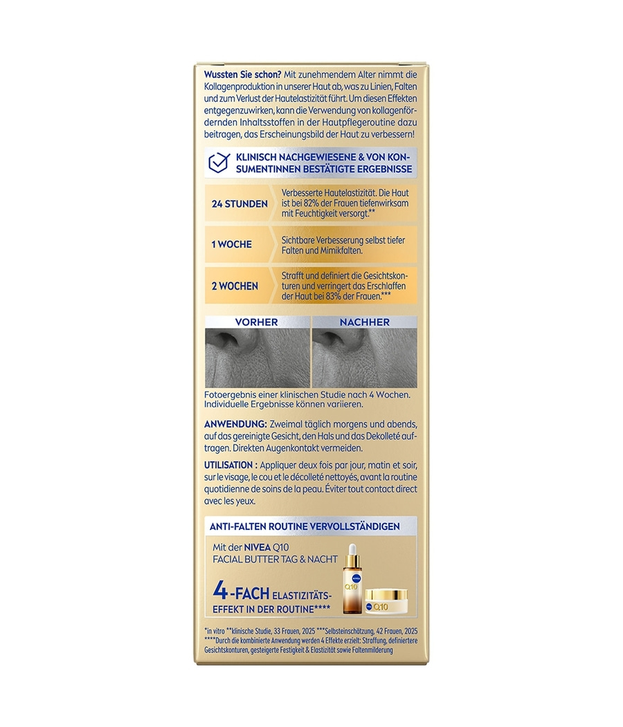 Ergebnisse einer klinischen Studie zur Hautelastizität und Faltenreduktion nach 4 Wochen.