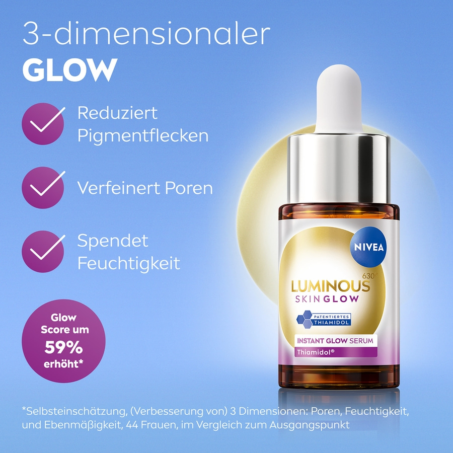 Nivea Luminous Skin Glow Serum, reduziert Pigmentflecken, verfeinert Poren, spendet Feuchtigkeit.