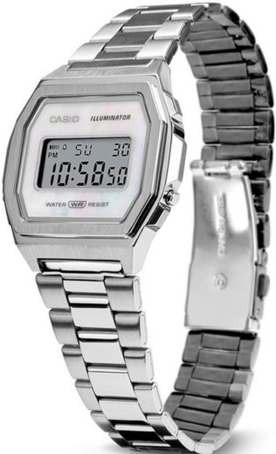 Casio Uhr, silbernes Armband, Digitalanzeige, rechteckiges Zifferblatt, Edelstahl