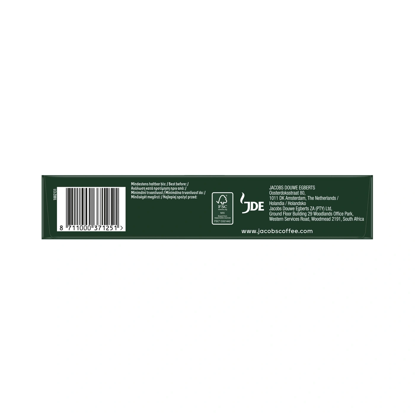 Kaffeepackung mit Text, Barcode und Logo von Jacobs Douwe Egberts.
