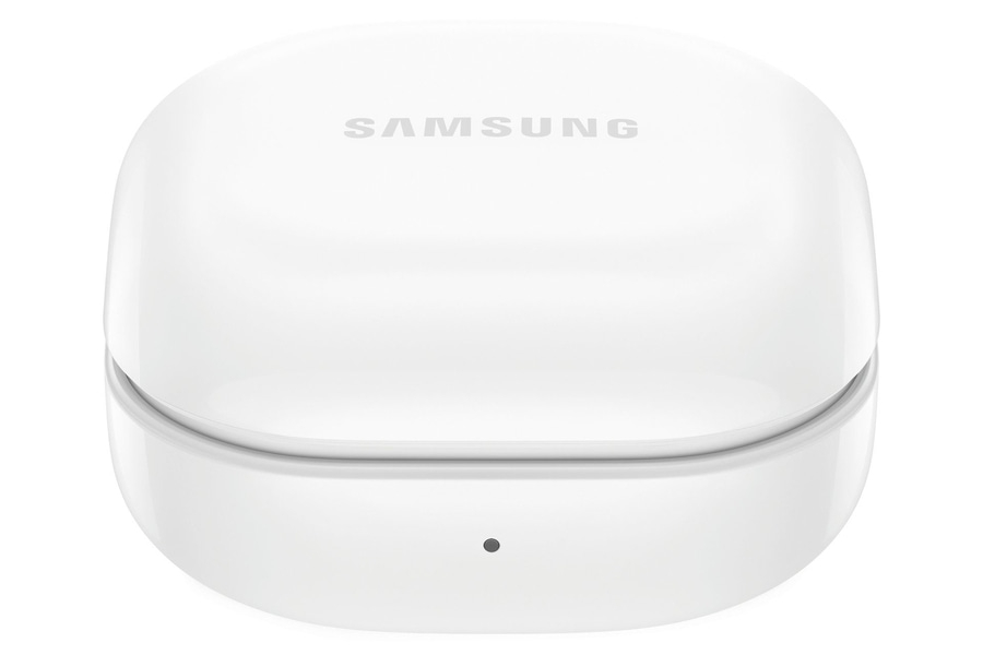 Weißes Samsung-Ladecase für kabellose Ohrhörer mit Logo und LED-Anzeige