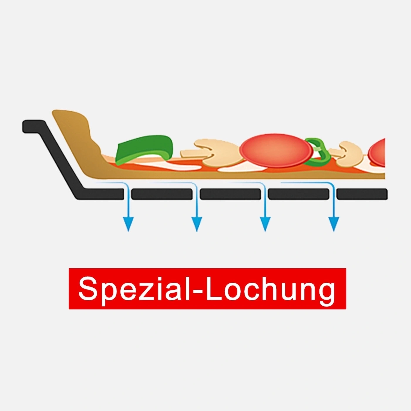 Querschnitt einer Pizza mit Spezial-Lochung, die auf einem Backblech liegt.