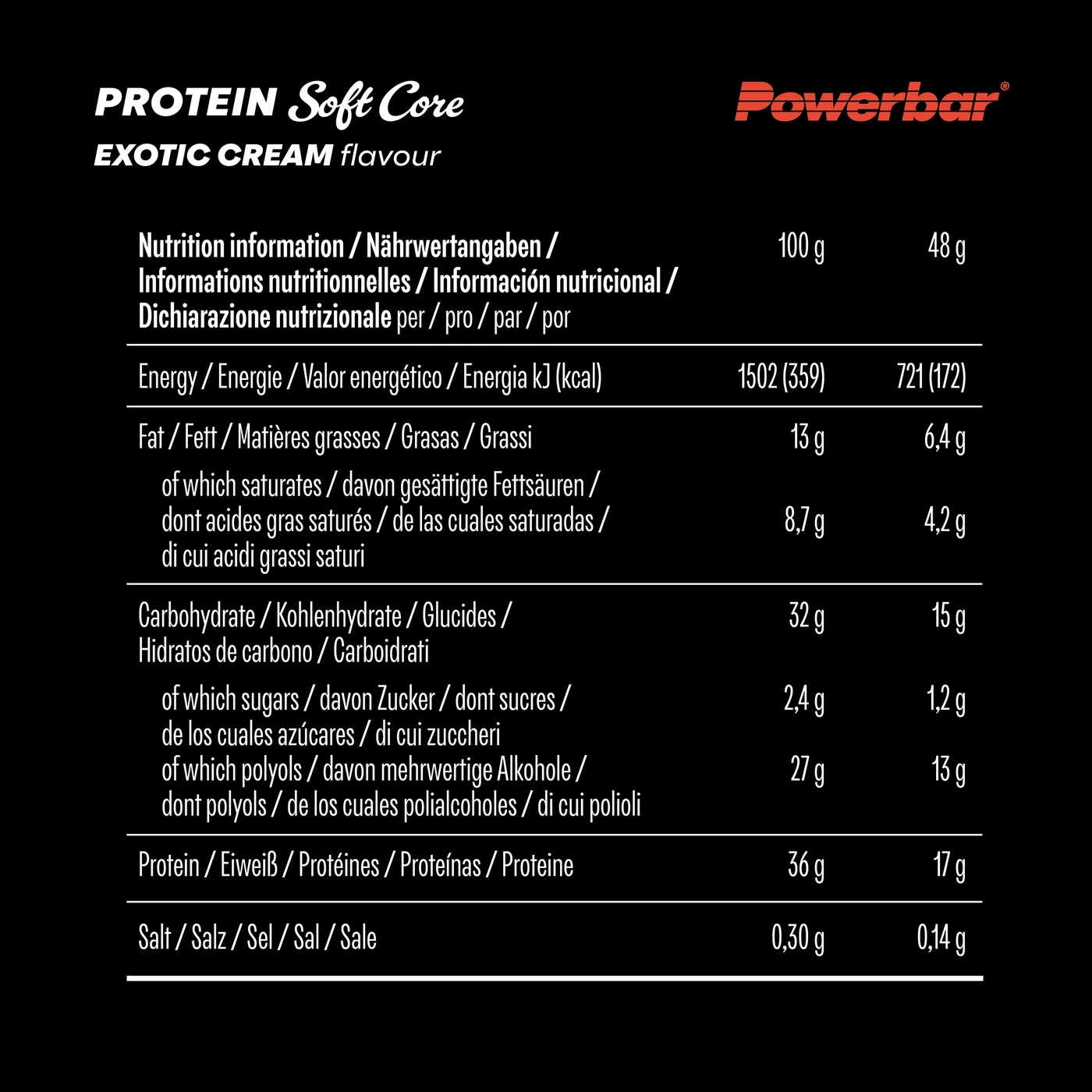 Nährwertangaben für Protein Soft Core Exotic Cream Geschmack