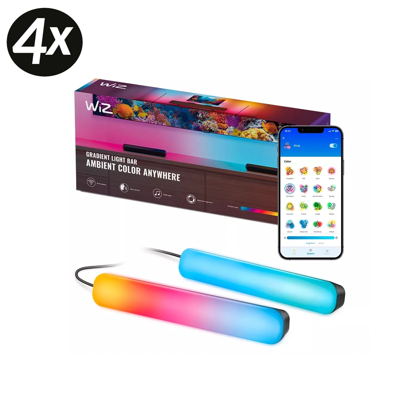 Zwei Wiz Gradient Light Bars in verschiedenen Farben mit einer App auf einem Smartphone