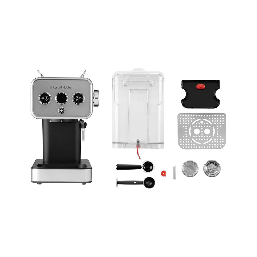 Kaffeemaschine mit Zubehör, Wassertank, Siebträger, Löffel, Tasse, Espresso