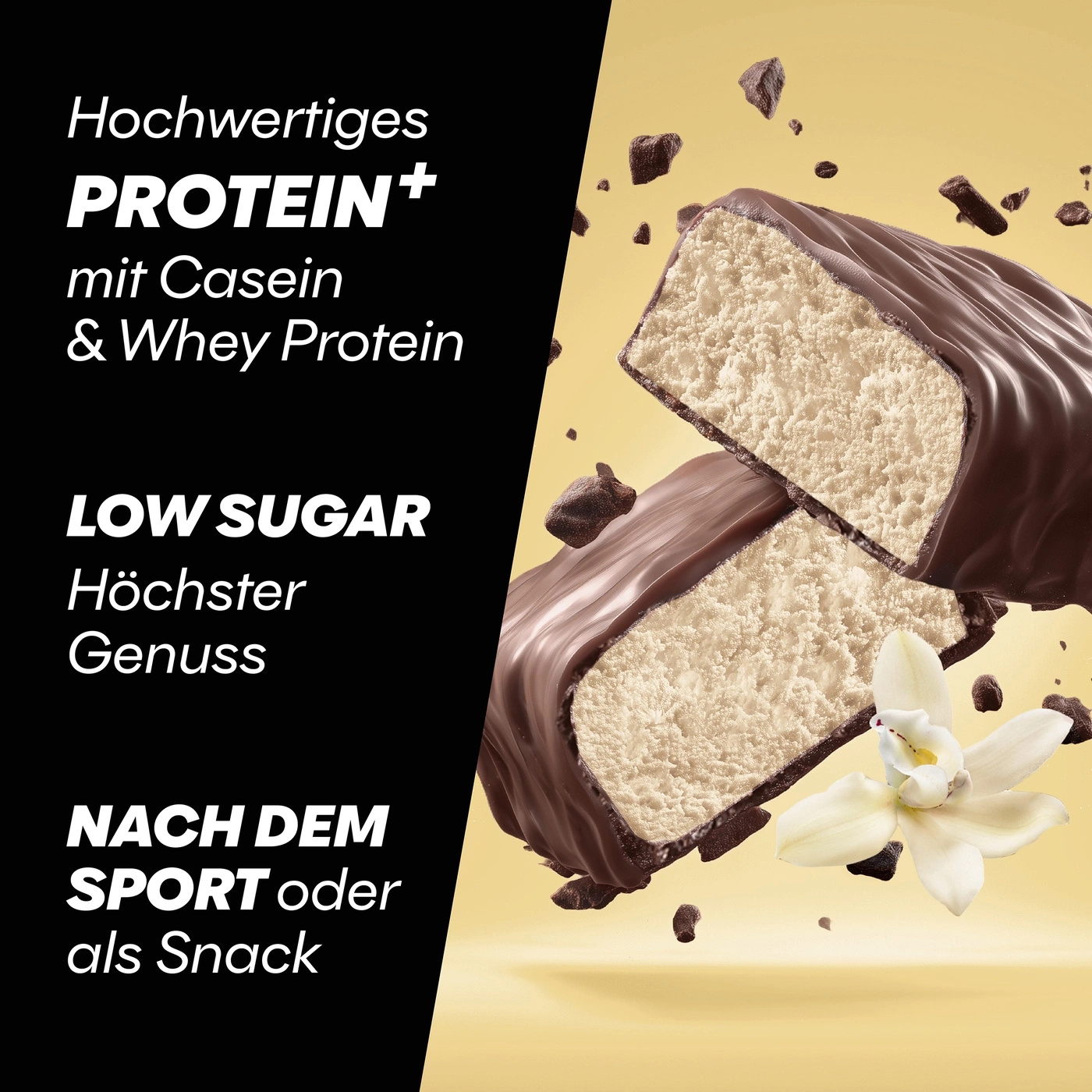 Schokoladenriegel mit Vanillefüllung, Nüsse und Blüten auf gelbem Hintergrund