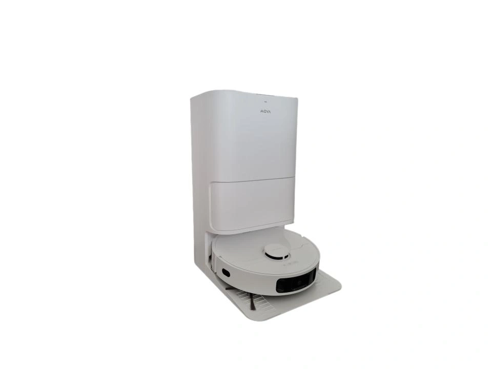 Ein weißer Roboterstaubsauger mit Ladestation.
