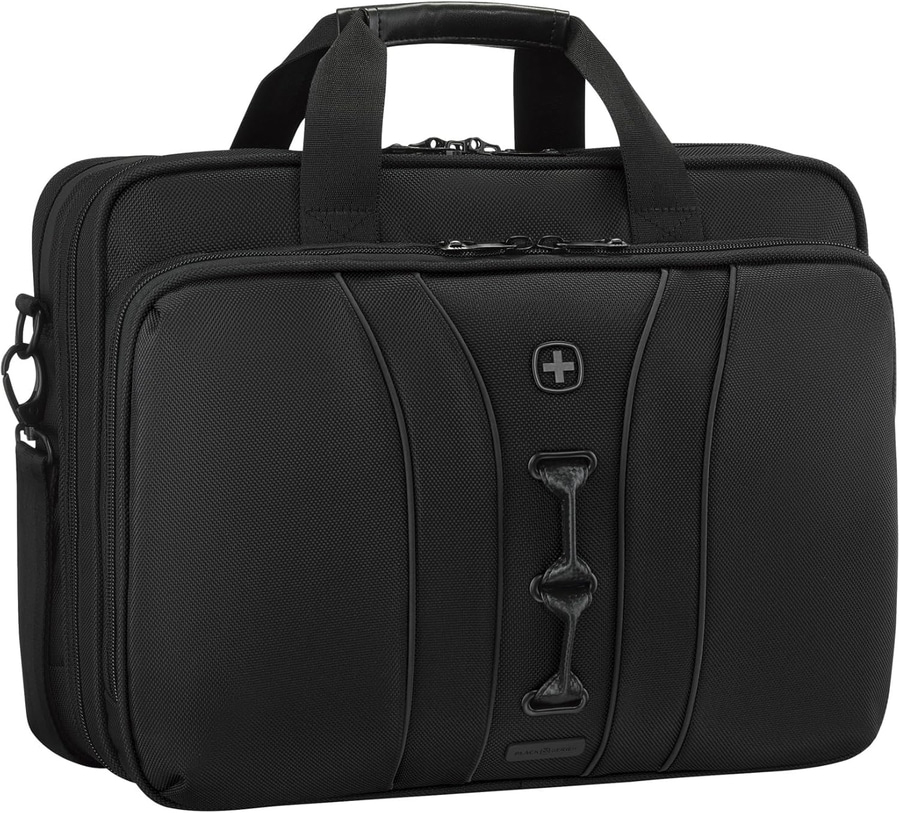 Schwarze Aktentasche mit Griffen und Schweizer Kreuz-Logo. Business-Tasche.