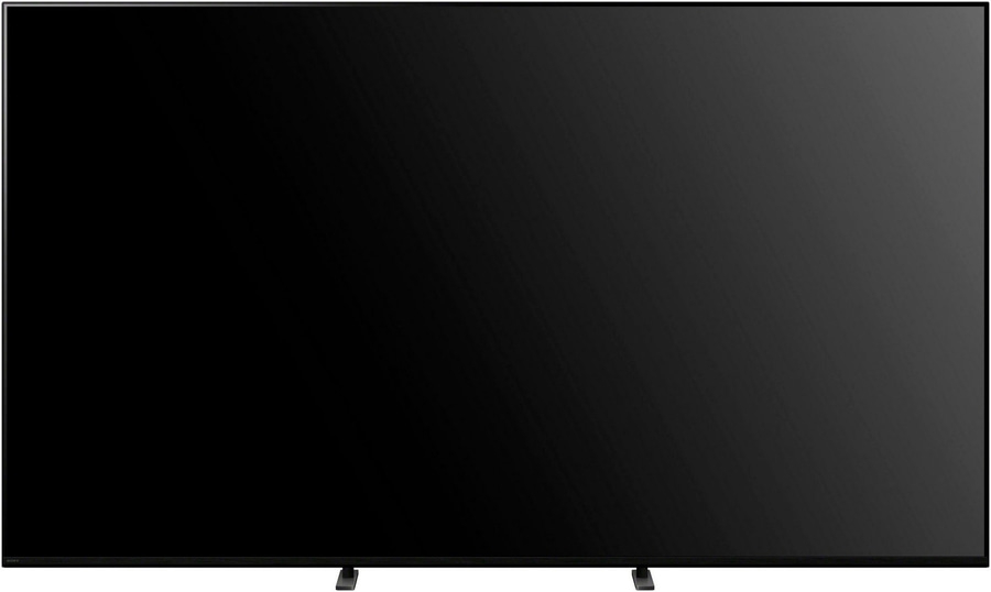 Schwarzer Fernseher mit dünnem Rahmen und zwei Füßen, Sony-Logo unten links.