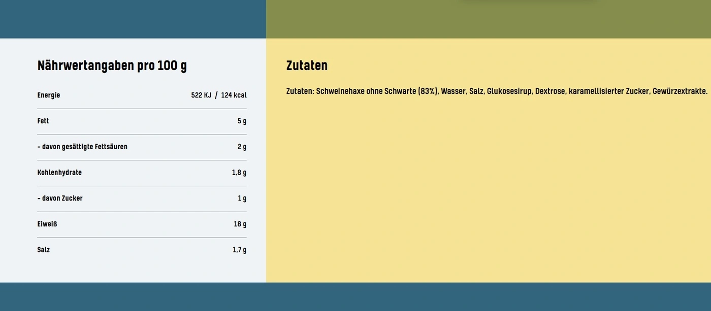 Nährwertangaben und Zutaten für Schweinehaxe ohne Schwarte.