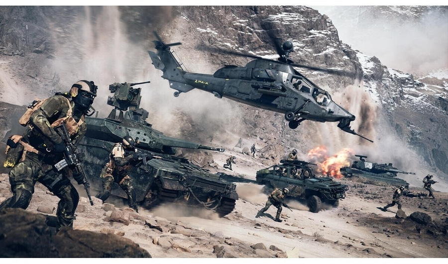 Ein Hubschrauber und Panzer in einem Bergkampf.