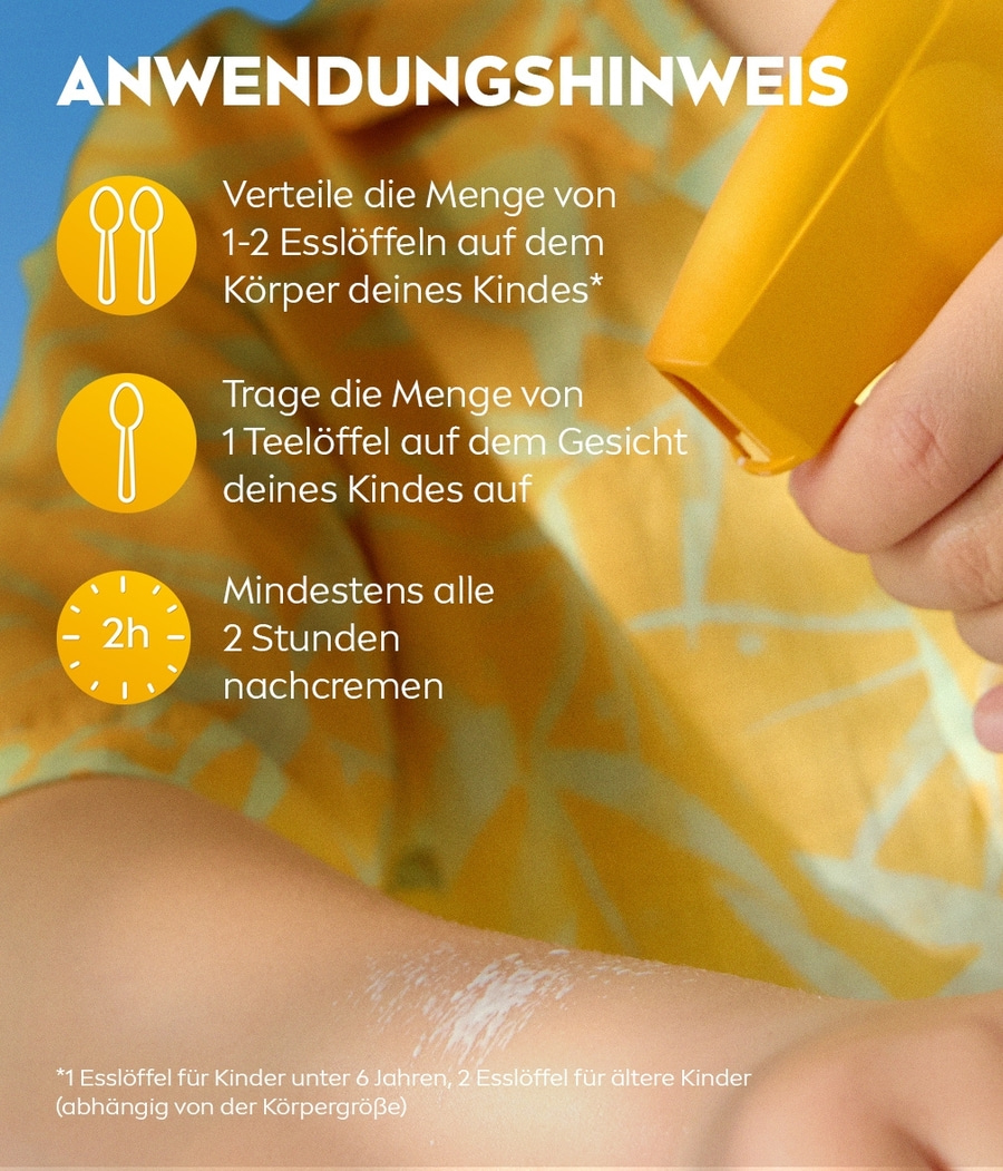 Anwendungshinweis für Sonnenschutz auf Kinderhaut mit Löffel- und Zeitangaben
