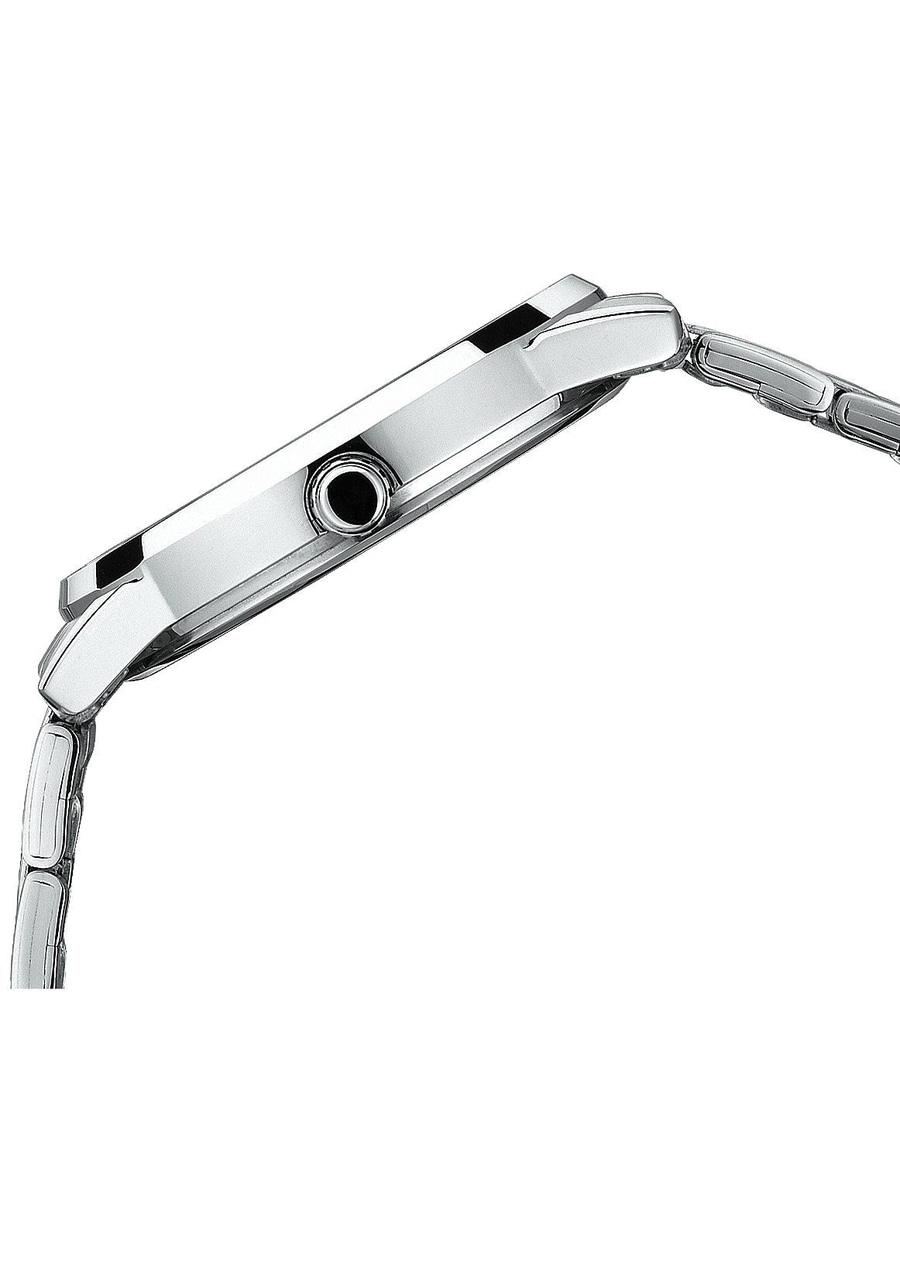 Nahaufnahme einer silbernen Armbanduhr mit schwarzem Zifferblatt und Armband