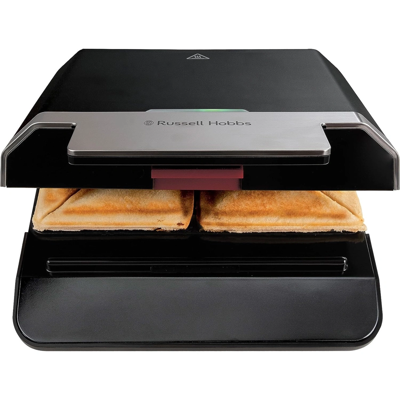 Sandwichmaker mit Toastbrot, Marke Russell Hobbs, schwarz, geöffnet, Essen