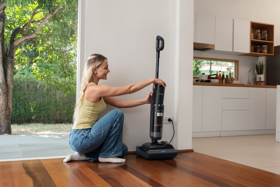 Eine Frau kniet neben einem Staubsauger, der an der Wand aufgeladen wird.