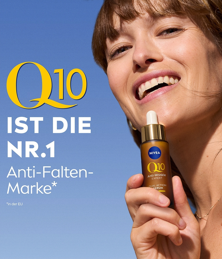 Frau hält Nivea Q10 Anti-Falten-Serum, Text: Q10, IST DIE NR.1 Anti-Falten-Marke