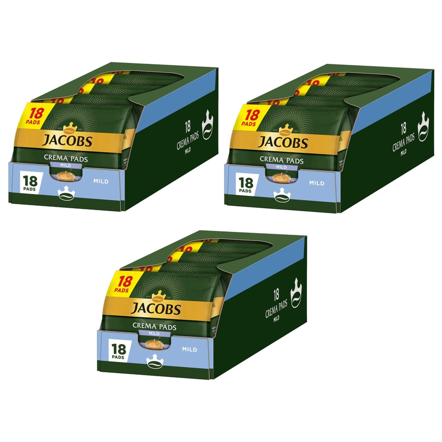 Drei Jacobs Crema Pads Packungen mit 18 Pads, mild, Kaffeepads, Kaffeeprodukt