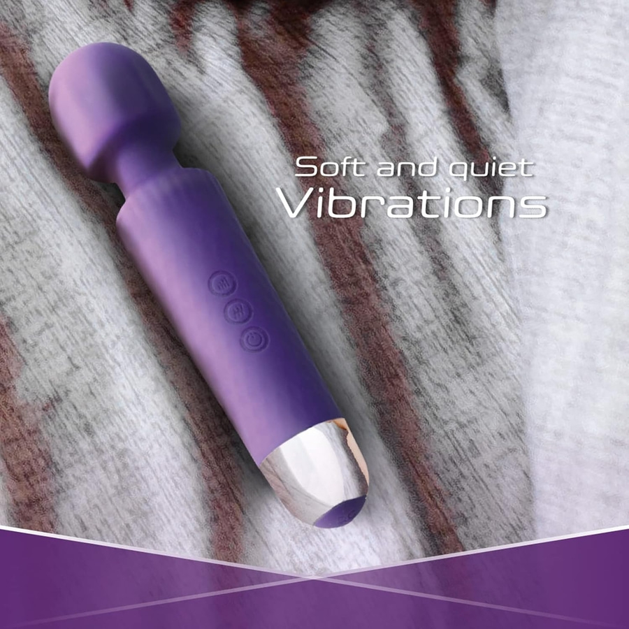 Lila Vibrator mit der Aufschrift 'Soft and quiet Vibrations' auf einem weißen Hintergrund.