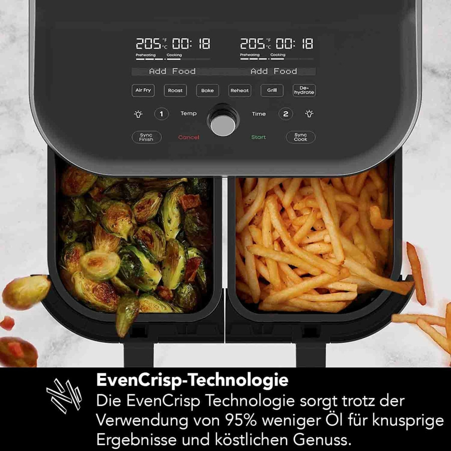 Luftfritteuse mit Gemüse und Pommes, EvenCrisp-Technologie, 95% weniger Öl.