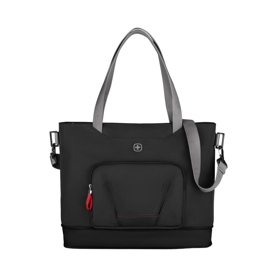 Schwarze Handtasche mit grauem Gurt und rotem Reißverschluss, Schweizer Kreuz