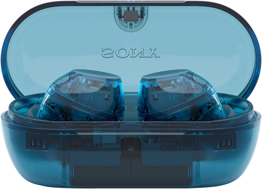 Transparente blaue Kopfhörer mit Ladecase und reflektierendem Logo