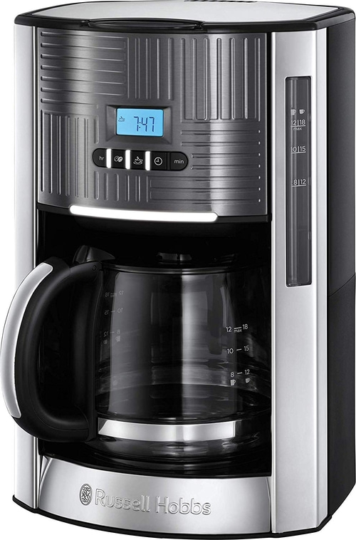 Kaffeemaschine mit digitaler Anzeige, Uhrzeit 7:47, Wasserstandsanzeige, Russell Hobbs Logo, silber und schwarz