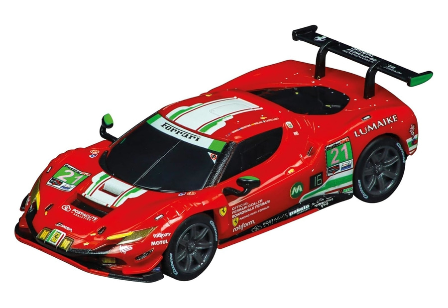Rotes Ferrari-Rennwagen-Spielzeug mit Logos und Aufklebern, Nummer 21, Lumaike.