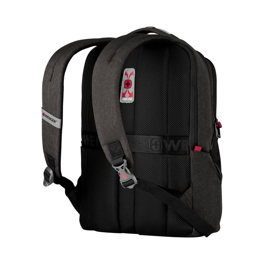 Schwarzer Rucksack von Wenger, Airflow-System, gepolsterte Träger, seitliche Tasche, Logo