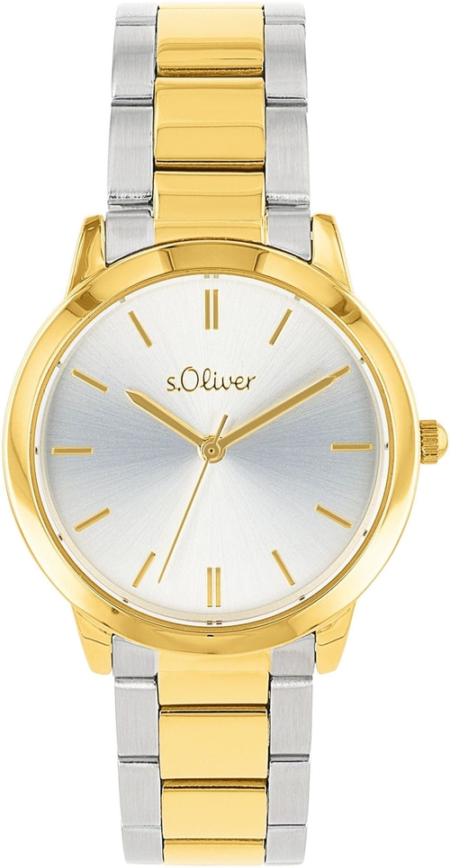 Goldene Uhr mit silbernem Zifferblatt und zweifarbigem Armband