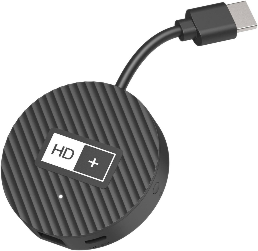 Schwarzer HDMI-Adapter mit HD+-Logo und USB-C-Kabel