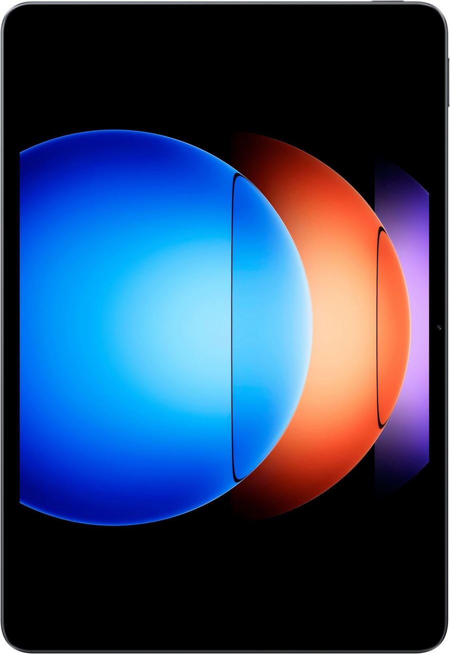 Tablet mit blau-orangefarbenem Hintergrund, abstraktes Design, modernes Gerät, Technologie