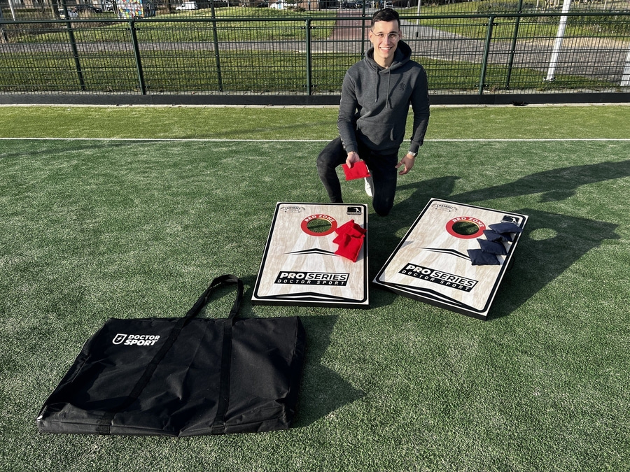 DOCTOR SPORT Pro Series Doppel-Cornhole-Set, echtes Holz, 8 Beanbags + Tasche