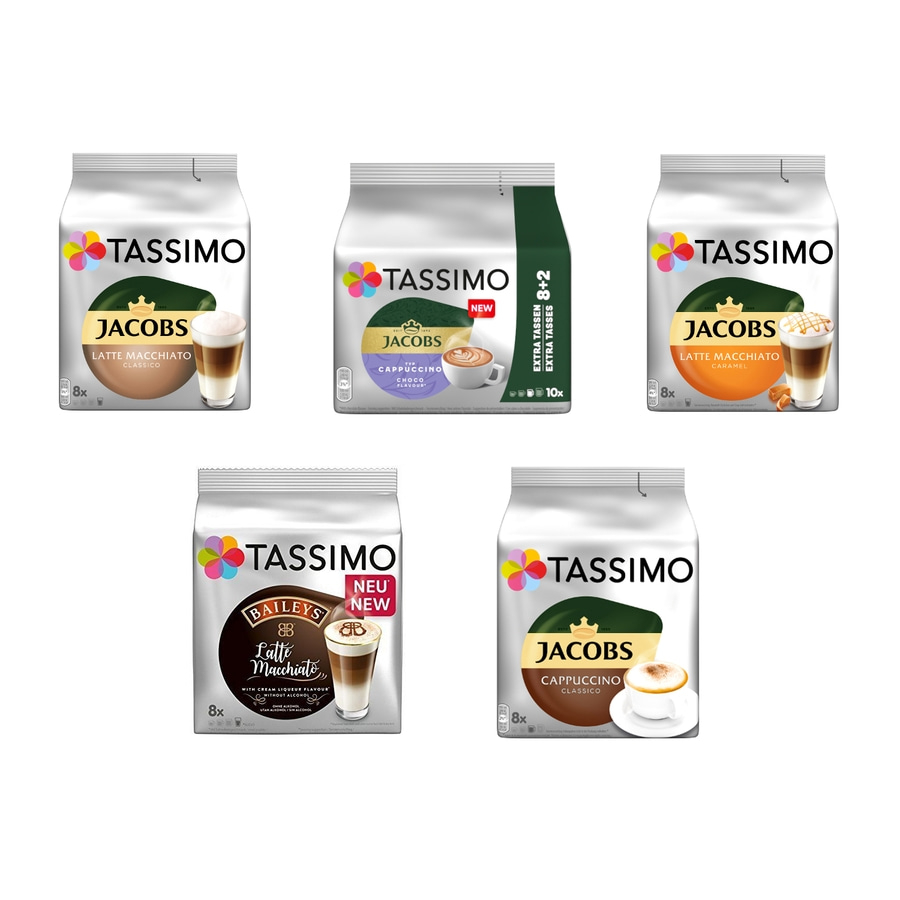 TASSIMO Kapseln Milk Range Vielfaltspaket T-Discs 40 Getränke 5 Sorten Kaffee