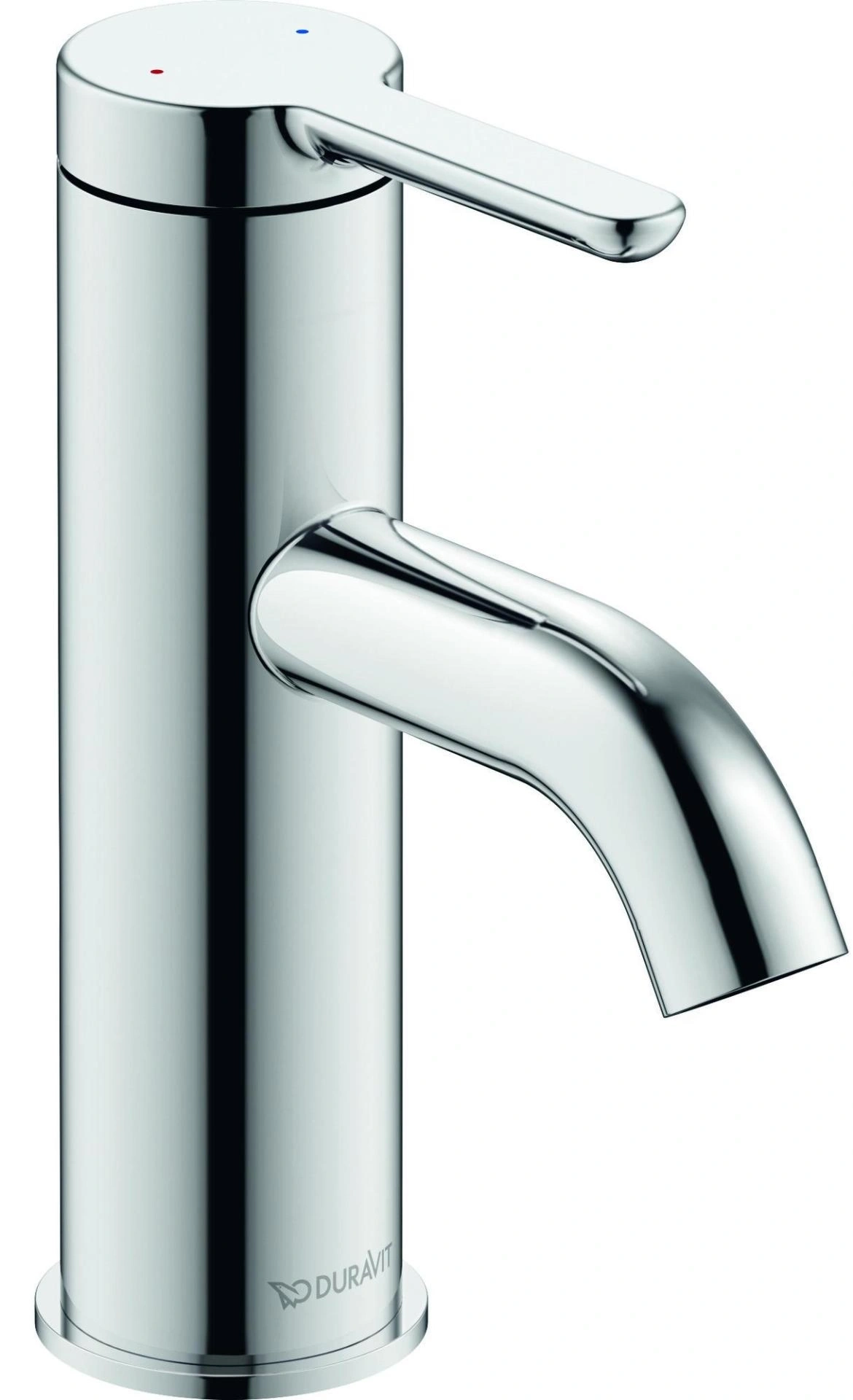 Chrom-Wasserhahn, modernes Design, gebogene Ausguss, Badezimmerarmatur, Duravit-Logo, glänzend