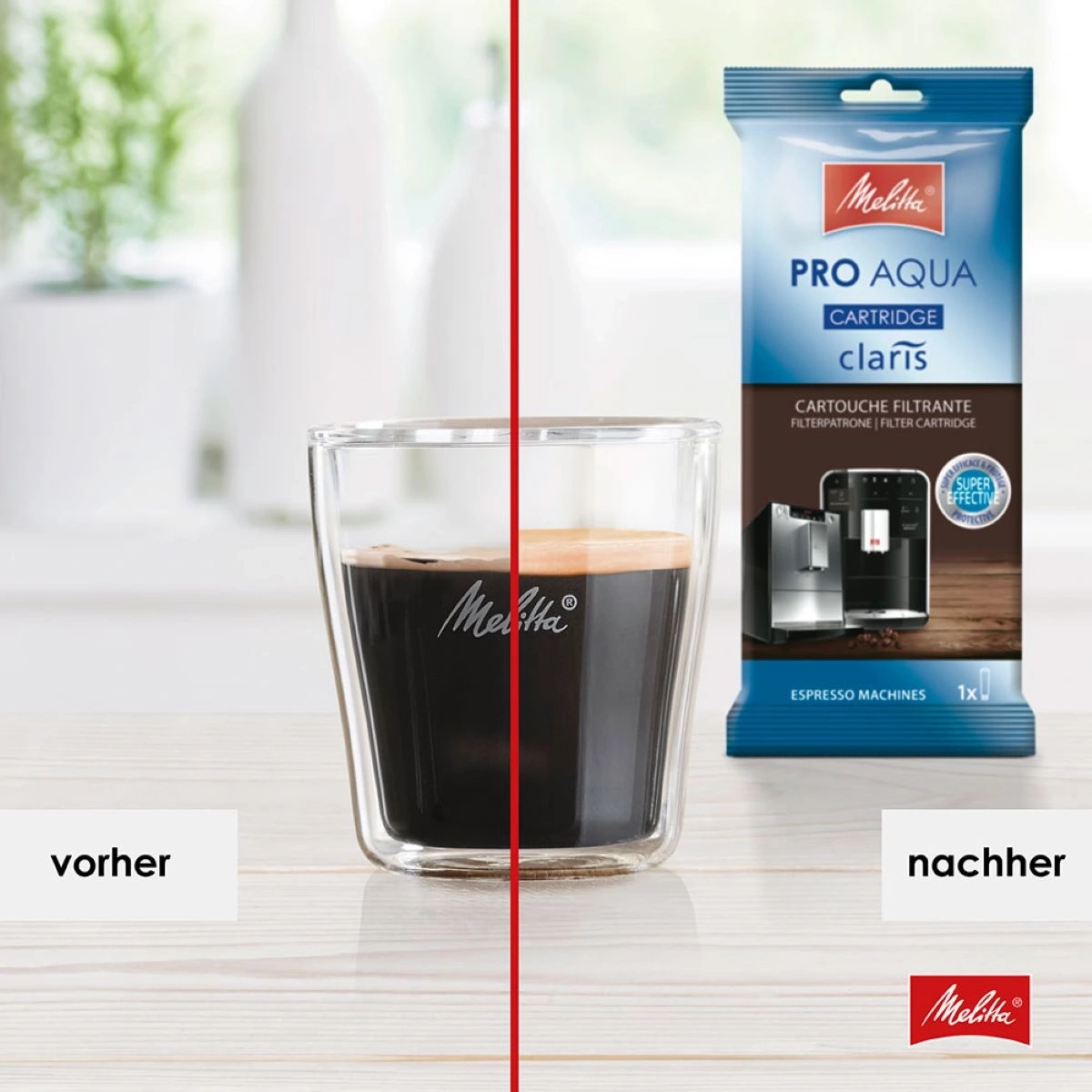 Melitta Pro Aqua Filterpatrone, Kaffee, Glas, vorher und nachher.