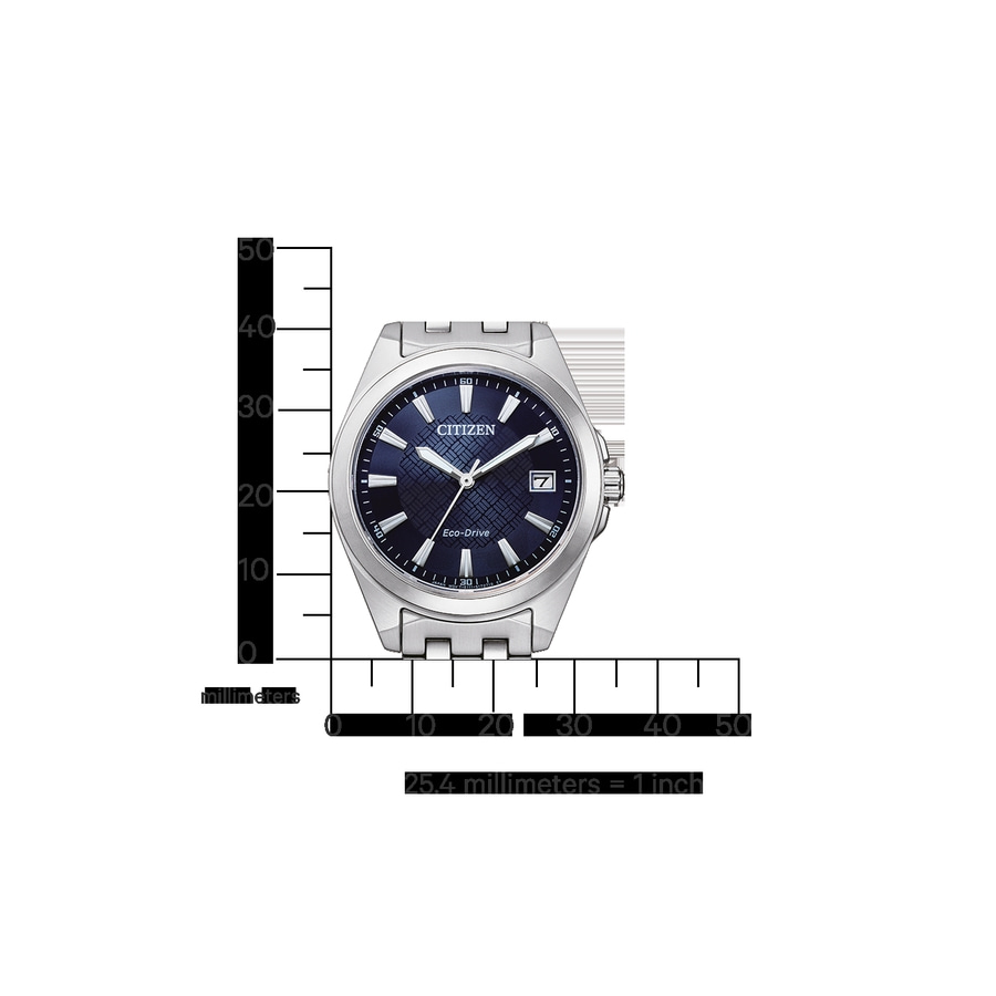 Citizen-Uhr mit blauem Zifferblatt, Eco-Drive, Millimeter-Skala, 25,4 mm = 1 Zoll.