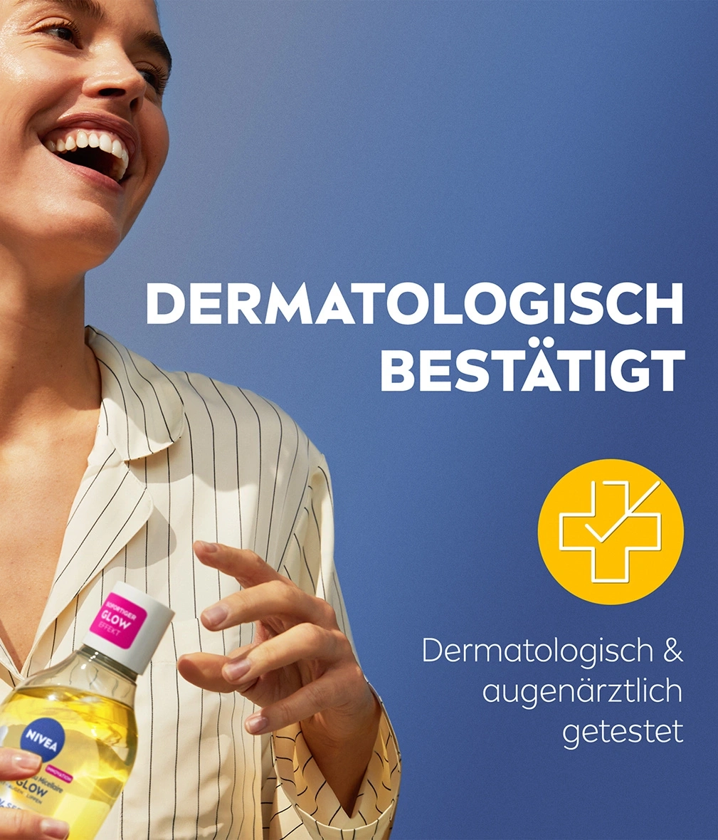 Frau mit Nivea-Produkt, dermatologisch bestätigt, getestet, strahlend