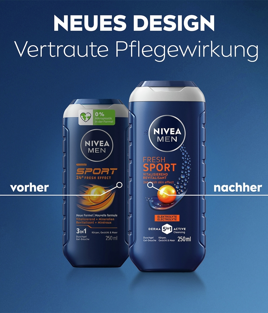 Zwei Nivea Duschgel Flaschen, "vorher" und "nachher" mit neuem Design.