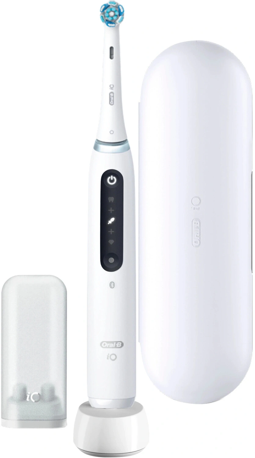Ein weißes Oral-B iO Zahnbürsten-Set mit Ladebox und Aufbewahrungsbehälter.